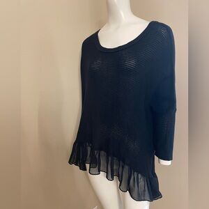 American Eagle High Low Black Knit Sweater Sheer Chiffon Ruffle Hem Size Medium